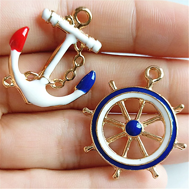 10pcs Enamel Rudder Anchor Charms Pendant Nautical Charm For Jewelry Making Accessory Fashion Earring Necklace Bracelet Floating