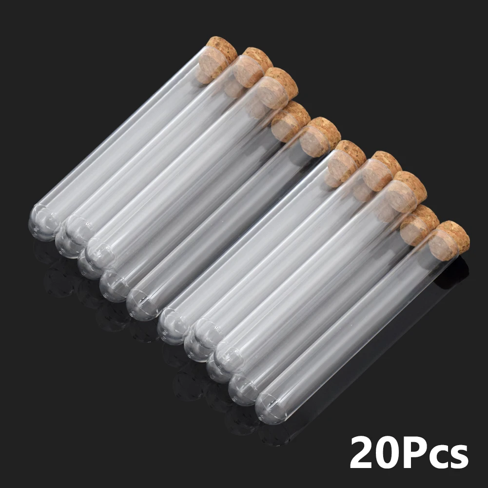 

20pcs/Lot 20x150mm 15x150mm Transparent Plastic Round Bottom Test Tube With Cork Stopper For Candy Beans Drink Storages