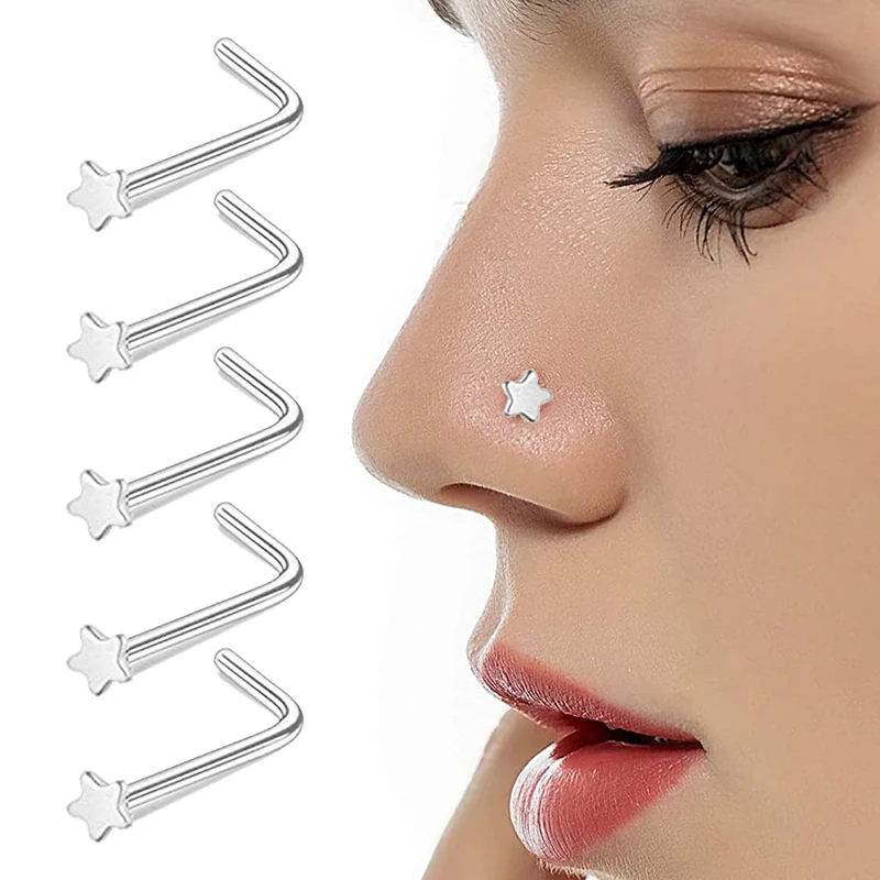 10pcs L Shape Nose Stud Nose Piercing Set Stainless Steel Star Nose Ring Nariz Bone Studs Screws for Man Women Body Jewelry 20G