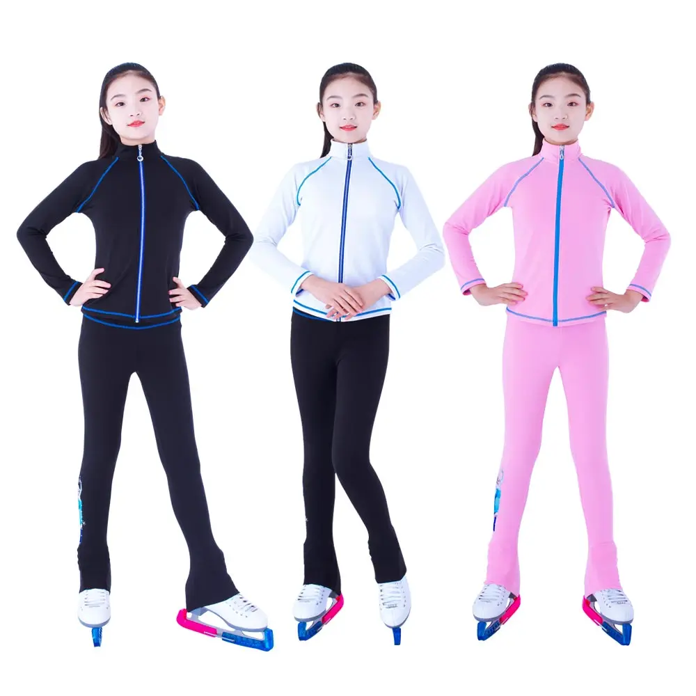 Customized Figure Skating Suits Jacket and Pants Long Trousers for Girl Women Training Ice Skating Warm black pink Mesh sleeve