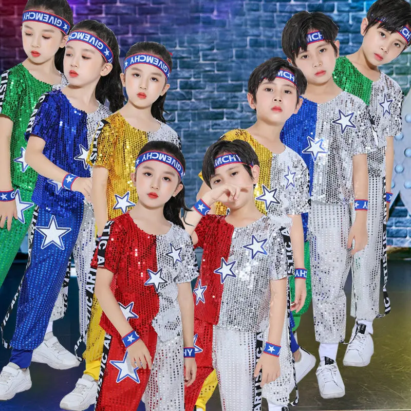 2021 New Children\'s Modern Jazz Dance Costumes Suit Girls Jazz Sequin Alphabet Band Hip Hop Street Dance Clothes Performance Set