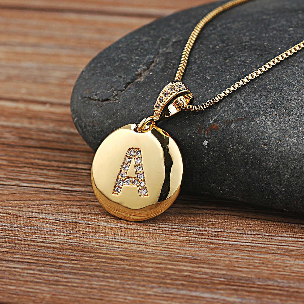 Fashion 26 Letters Pendant Necklace For Woman Girls Cute Gold Color Copper Zircon Round Necklace Fine Party Wedding Jewelry