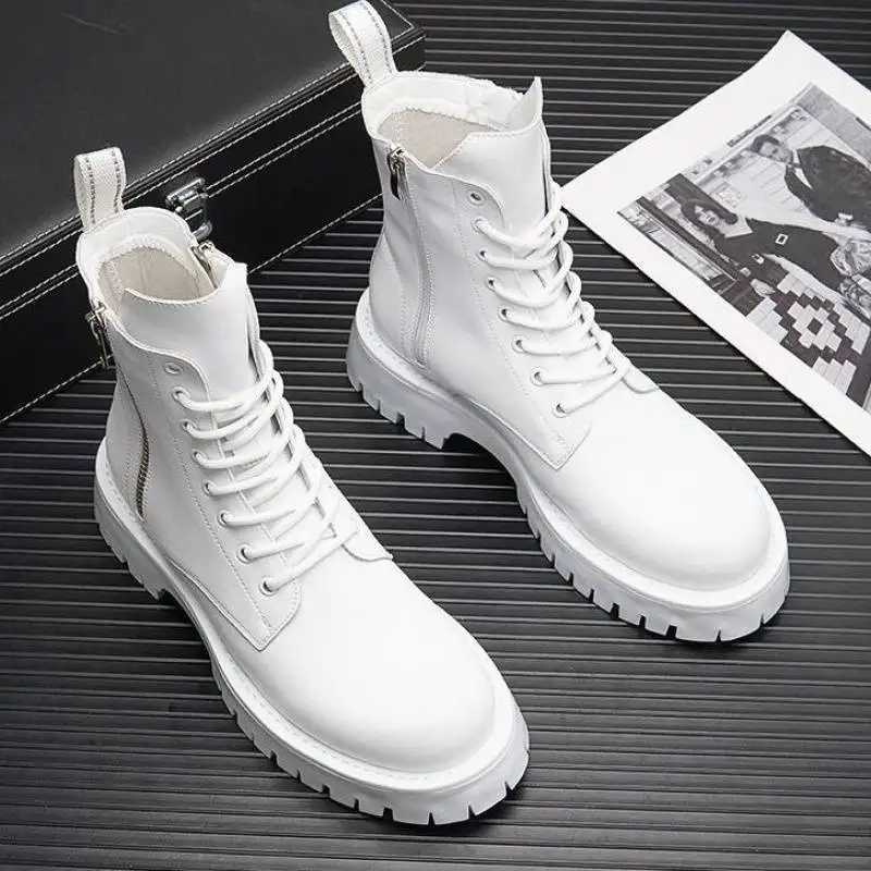 

men fashion stage nightclub wear autumn winter boots black white shoes cowboy platform boot personality high top leather botas