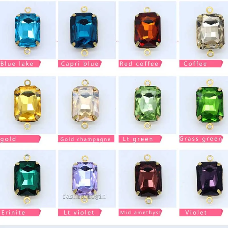 Sewing Rectangular octagon Rhinestones Glass Crystal Stone Gold base Glass crystal double loop pandent Jewelry accessories DIY