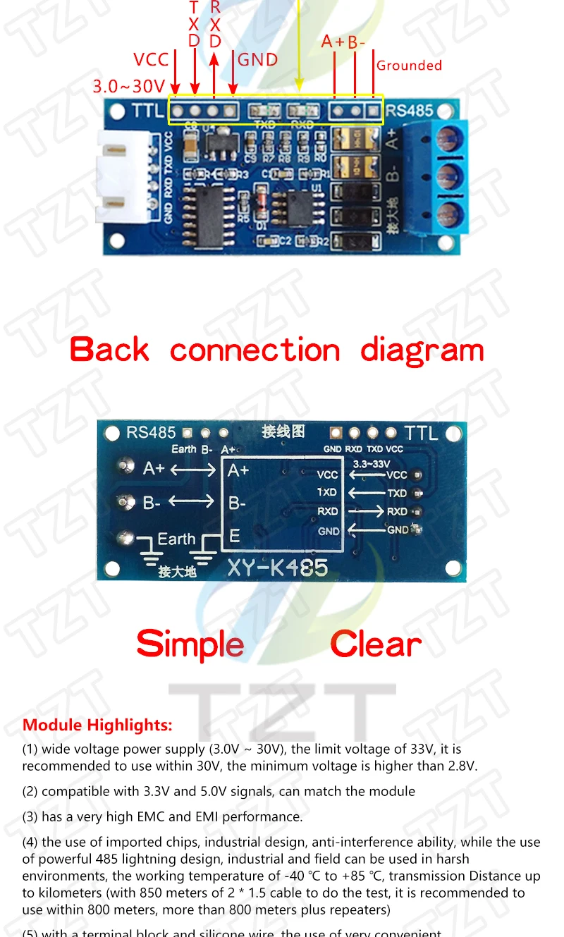 TZT TTL Turn To RS485 Module Hardware Automatisches Flow Control Modul Serielles UART Level Gegenseitige Konvertierung Stromversorgungsmodul – Detail 8
