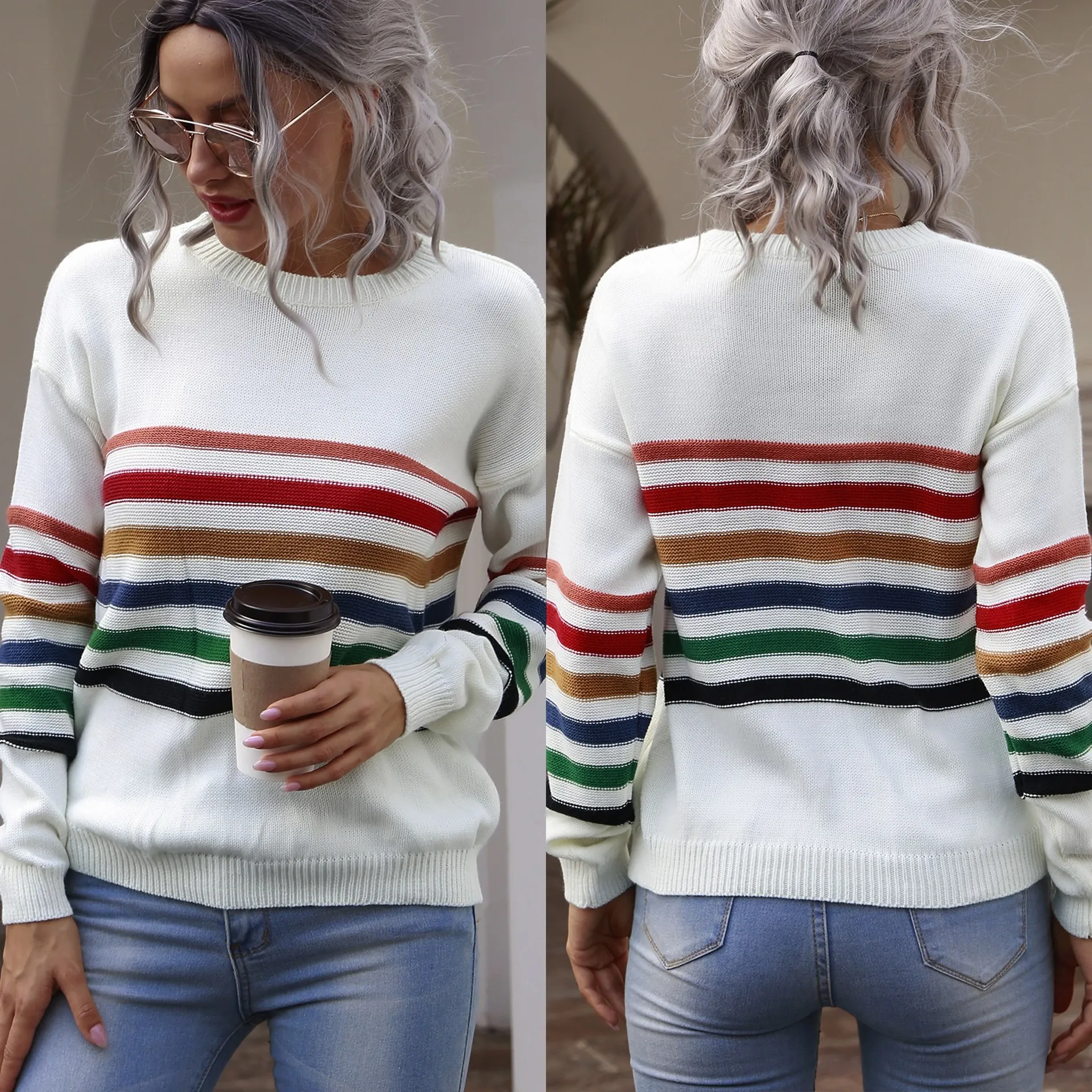 Women’s Striped Sweater New Fashion Round Neck Long Sleeve Knitted Loose Pullover Top for Spring Autumn Winter Cover-Ups