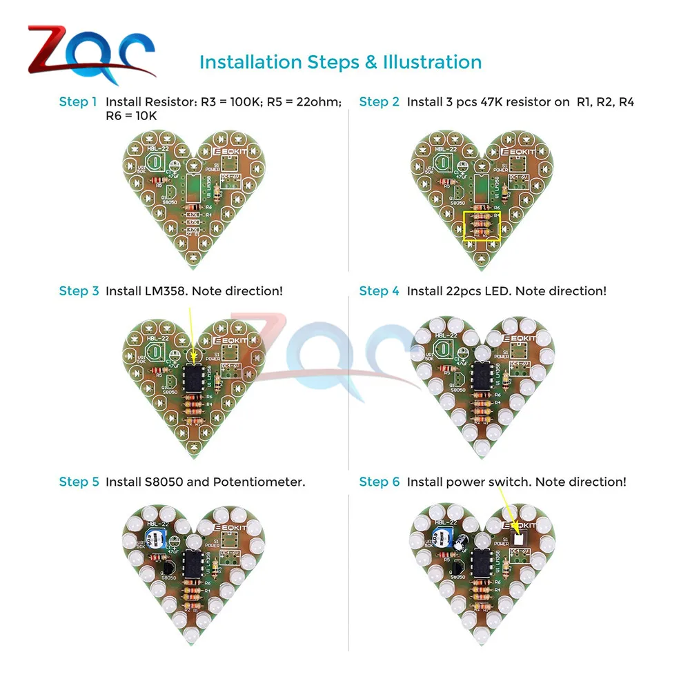 Heart Shape LED DIY Kit Heart Shape Lamp Kit DC 4V-6V Red White Blue Green Color for Soldering Kit Practice Learning Electronics