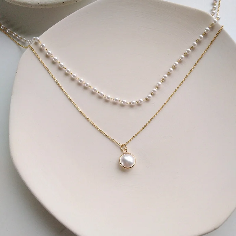 Doppel-schichten Imitation Perle Halsketten für Frauen Runde Perle Anhänger Halskette Koreanische Mode Charme Hals Zubehör Collares – Detail 7