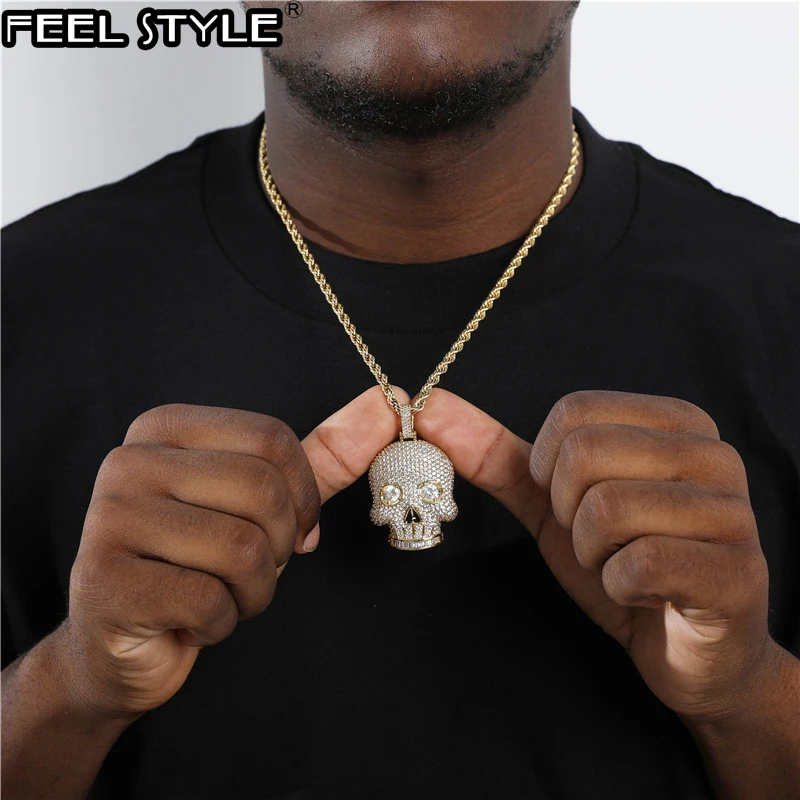 Hip Hop Skull Head Shape Charm Bling Cubic Zirconia Stones Necklaces & Pendants For Men Rapper Jewelry With Solid Back