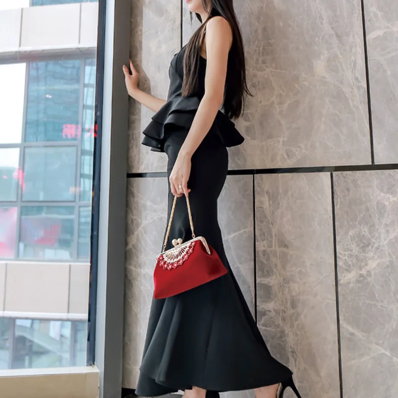 Luxury Diamond-Studded Evening Velvet Buckle with Chain Shoulder Bag with Japanese Kimono Cheongsam Bride Evening Bag Handbags