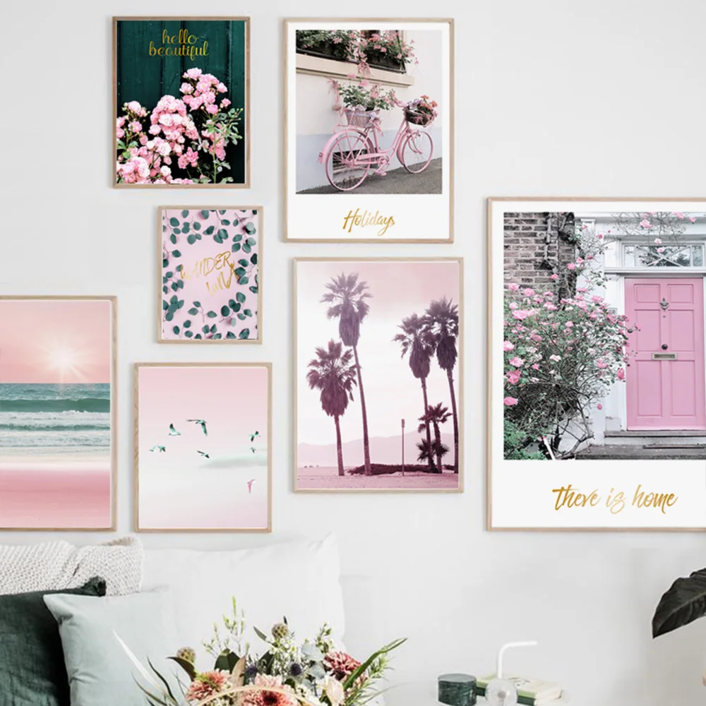 Pink Landscape Flower Sea Beach Bicycle Wall Art Canvas Painting Nordic Posters and Prints Wall Pictures for Living Room Decor
