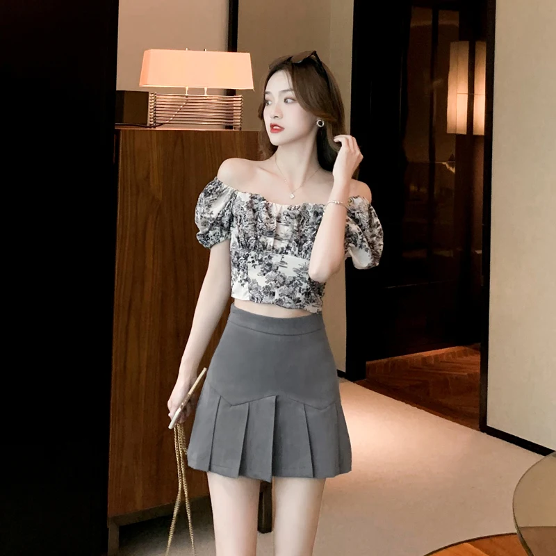 

Women's Fashionable Mini Skirt Solid Gray High Waist Pleated Hem Wrapping A-Line Skirts Summer 2021