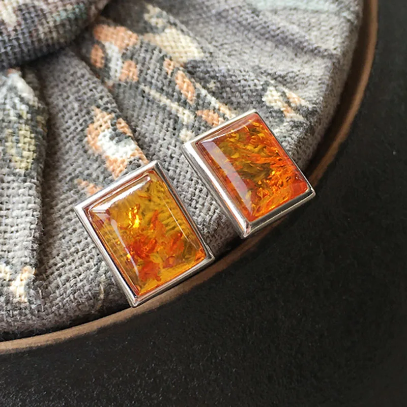 New Amber Earrings for Women S925 Silver Rectangle Floral Stud Ear Jewellery Geometric Trendy Natural Cognac Stone Jewelry Gifts