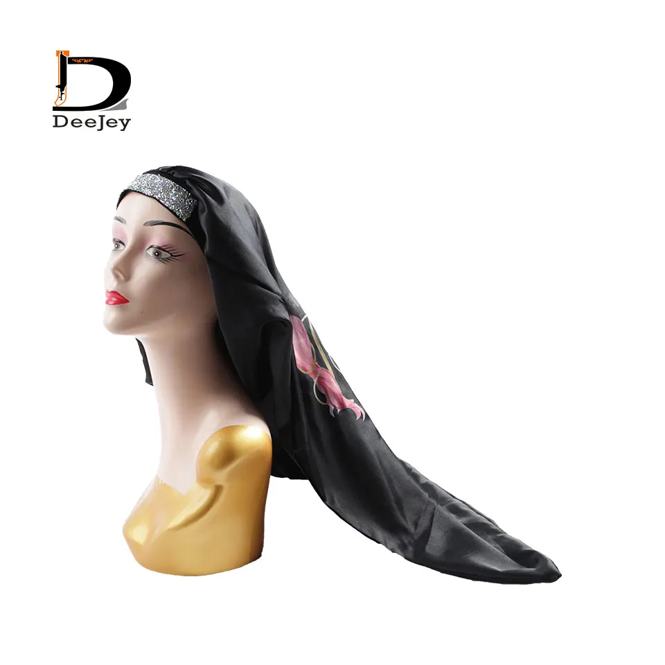 

custom logo Luxury satin extra size long bonnet with rhinestone frontal band frontal wrap headband edge control