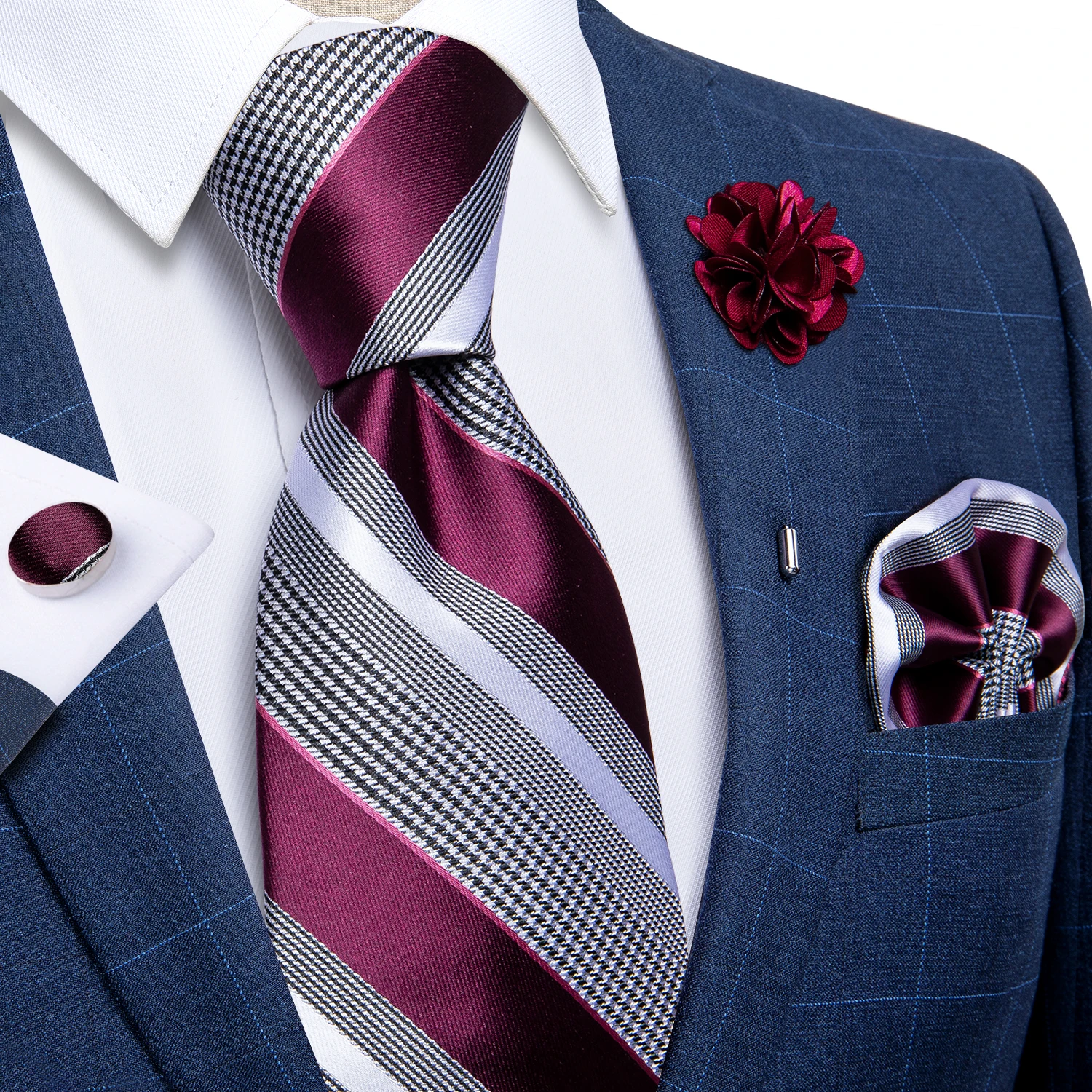 Blaue silberne Paisley-Krawatten für Herren, luxuriöses 8 cm breites Set mit Krawatte, Einstecktuch, Manschettenknöpfen, Brosche, Weihnachtsgeschenke für Männer – Detail 12
