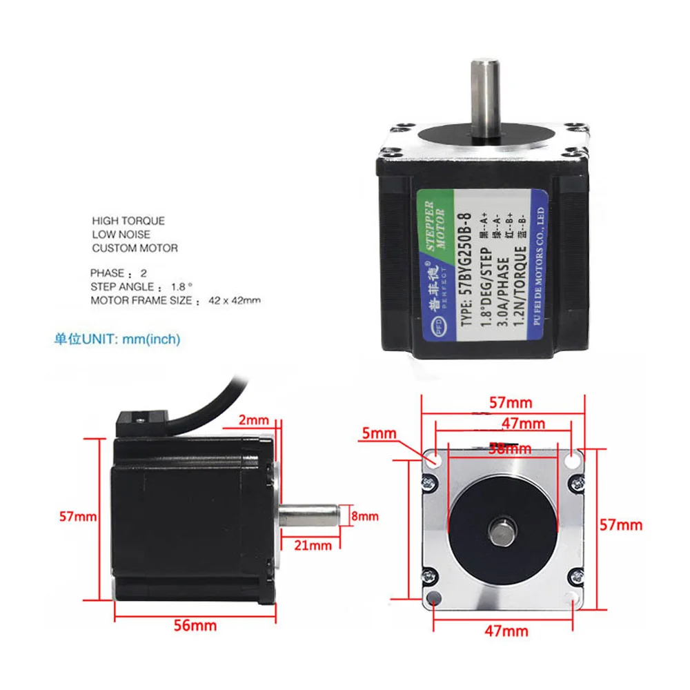 Nema 57 Stepper Motor 3A 1.2Nm High Torque 1.8° 2 Phase 4-Lead 56mm Nema 57BYG250B Motor Single / Double Shaft for 3D Printer