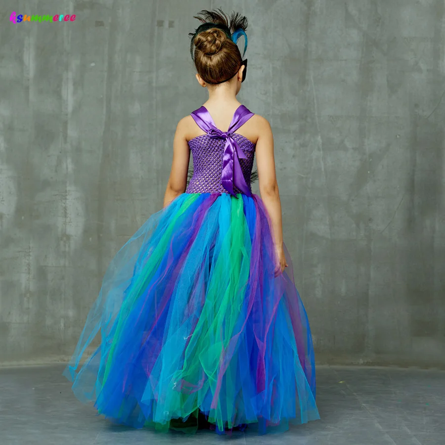 Flower Princess Peacock Costume for Girls Wedding Birthday Party Tutu Dress Kids Pageant Ball Gown Feathers Girl Tulle Dresses