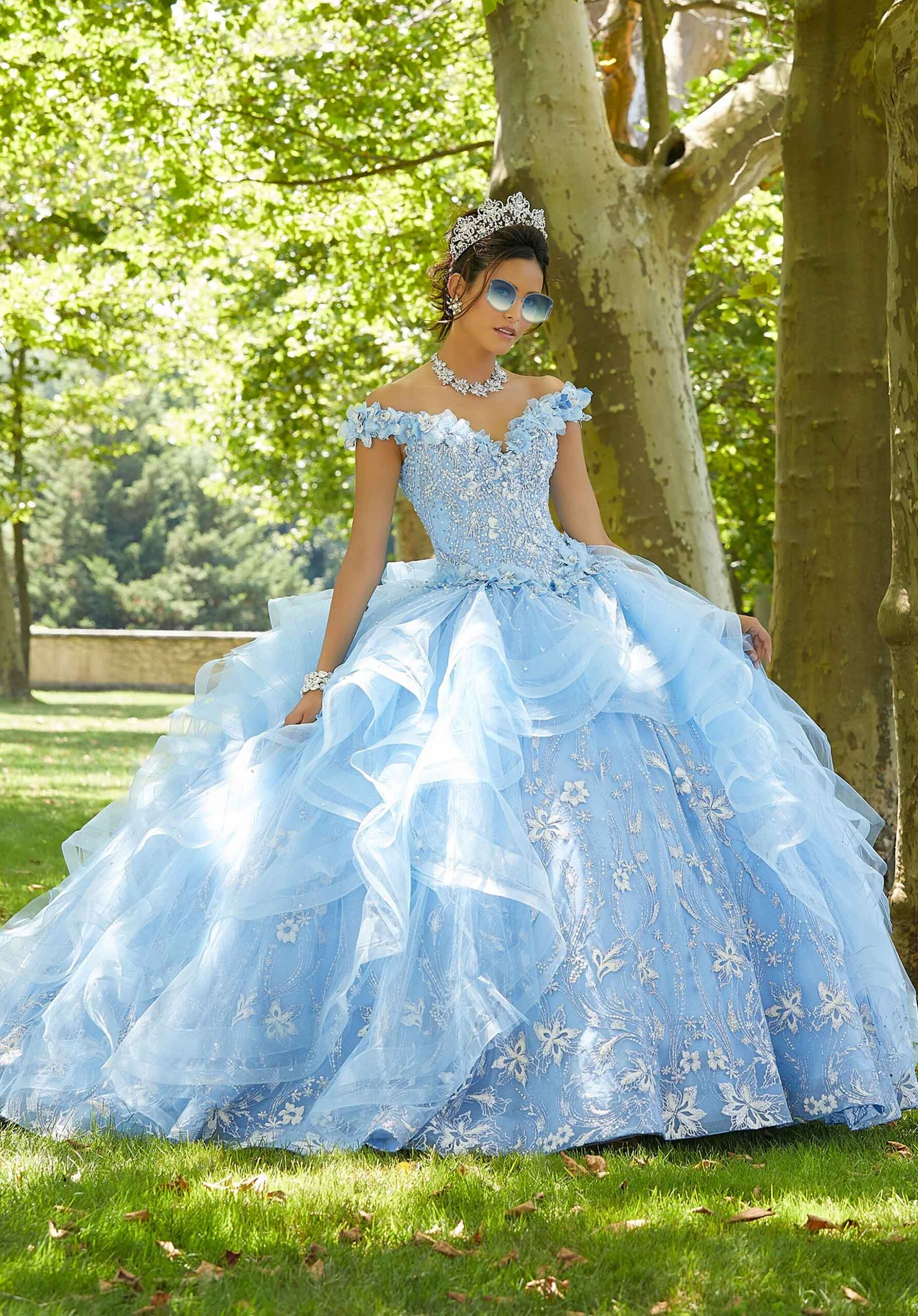 Licht Himmel Blau Prinzessin Quinceanera Kleid 2021 Off Schulter Appliques Pailletten Blumen Party Süße 16 Kleid Vestidos De 15 Años