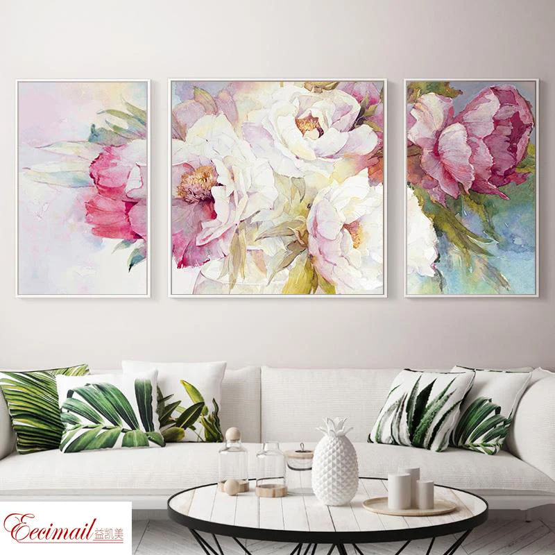 

EECAMAIL DIY Triptych Diamond Painting No Frame Full Diamond Embroidery Nordic Simple Peony Flower Living Room Hanging Painting