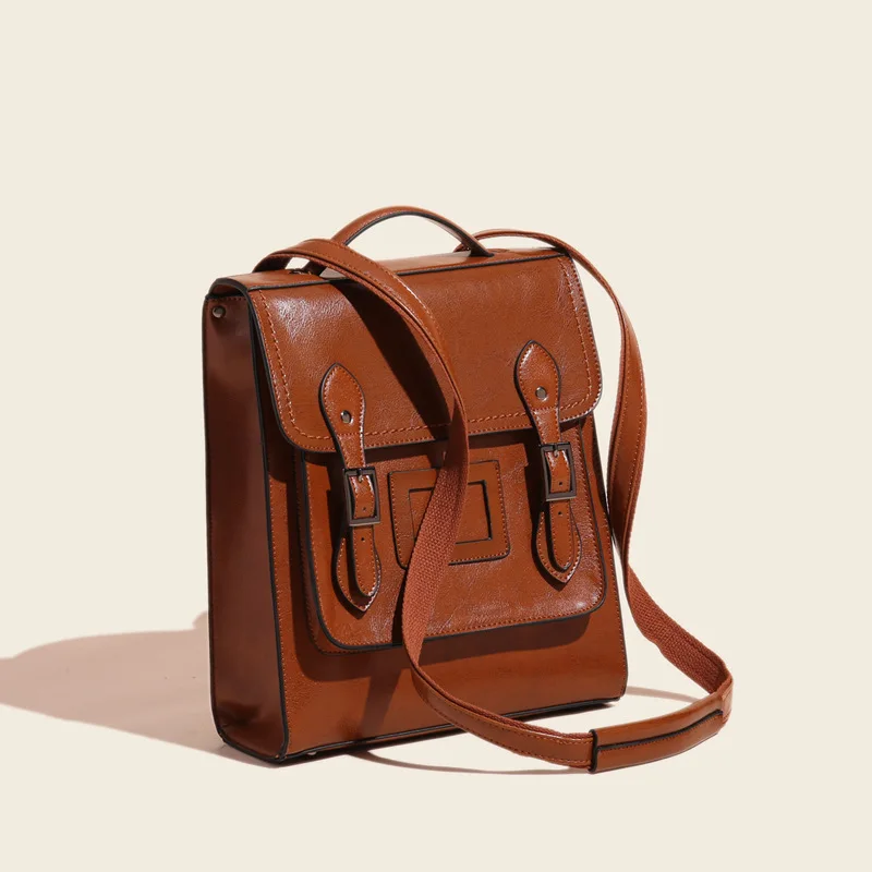 2022 New Genuine Leather Women\'s Backpacks Lady Flap Solid Color Square Back Bags Vintage Handbags Anti-Theft Woman Backpack