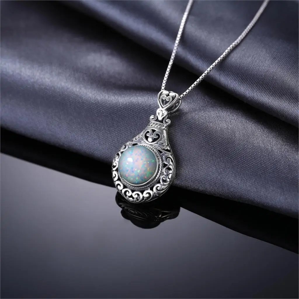 JewelryPalace Vintage 2.5ct Cabochon Created Opal 925 Sterling Silver Heart Love Statement Pendant Necklace Choker No Chain