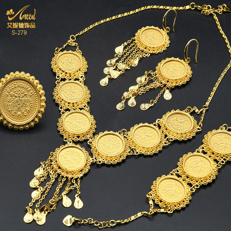 ANIID Dubai Gold Color Coin Necklace Bracelet Jewelry Sets For Women African Ethiopian Bridal Wedding Luxury Jewellery Gifts