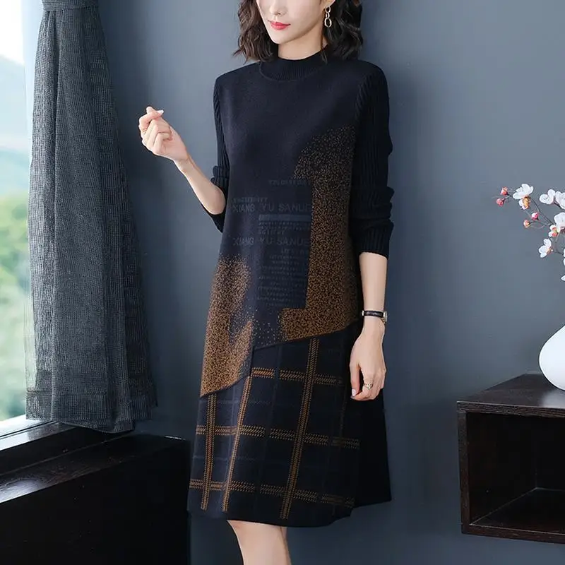 Women Knitting Dress 2024 New Retro Patchwork Loose Female Sweater For Autumn Slim Temperament Bottom Clothes High Quality