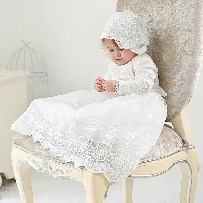 Baby Girls Baptism Dress Cute Solid White Embroidery Wedding Birthday Party Vestido with Hat for Toddler Infant Christening Gown