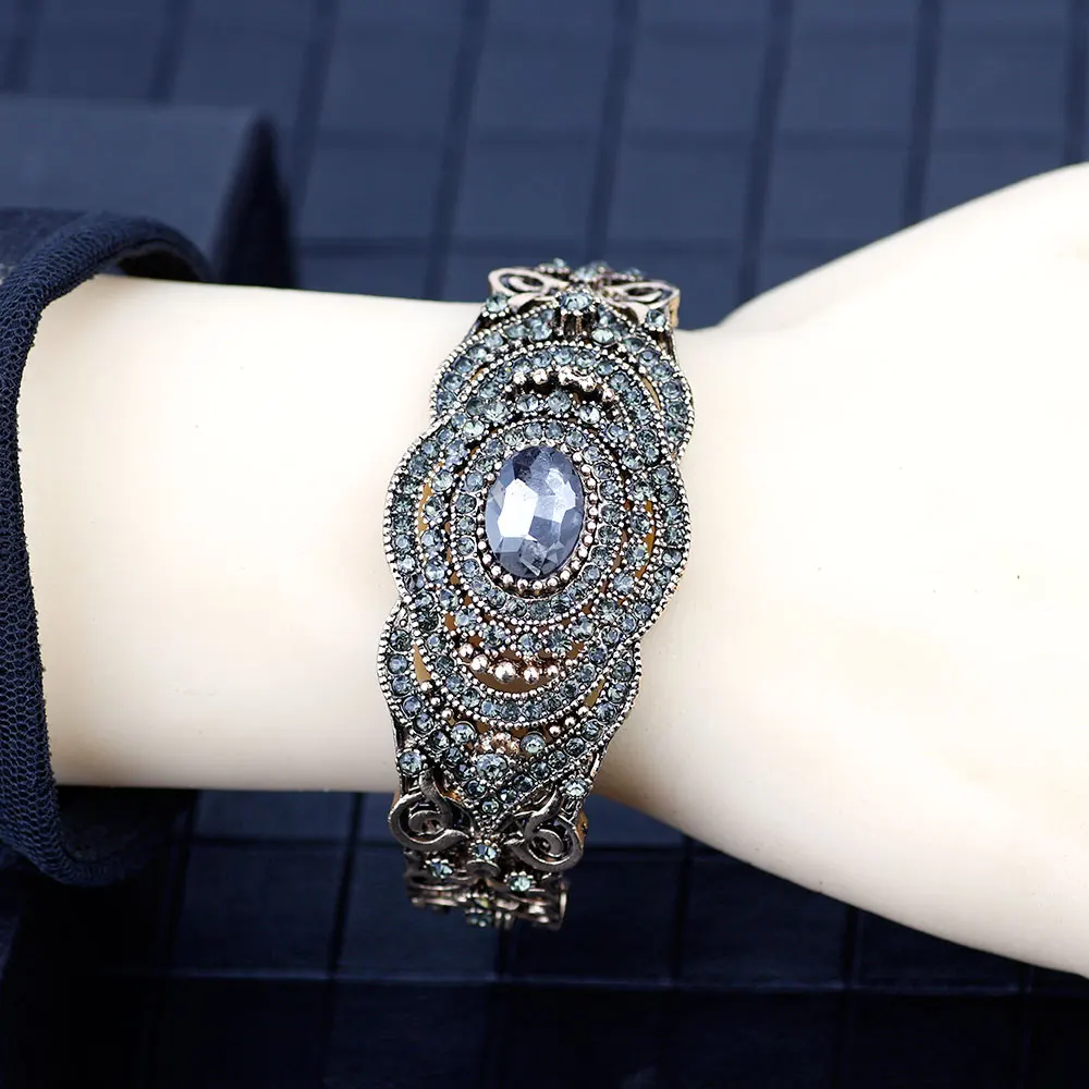 SUNSPICE MS Turkish Gray Crystal Bangles For Women Antique Gold Color Flower Cuff Bracelet Bohemia Ethnic Charm Wrist Jewelry