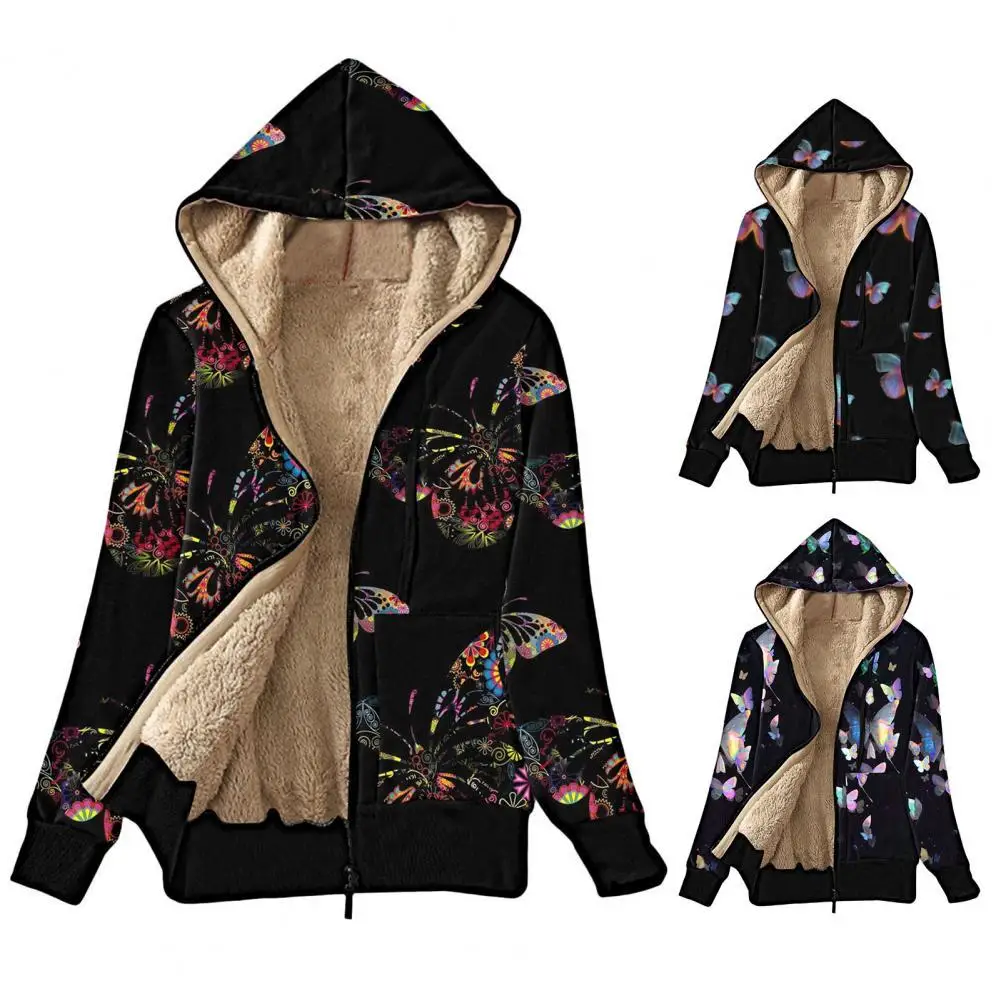 Women Coat Fabulous Thick Winter Jacket Butterfly Print Hat Lady Coat