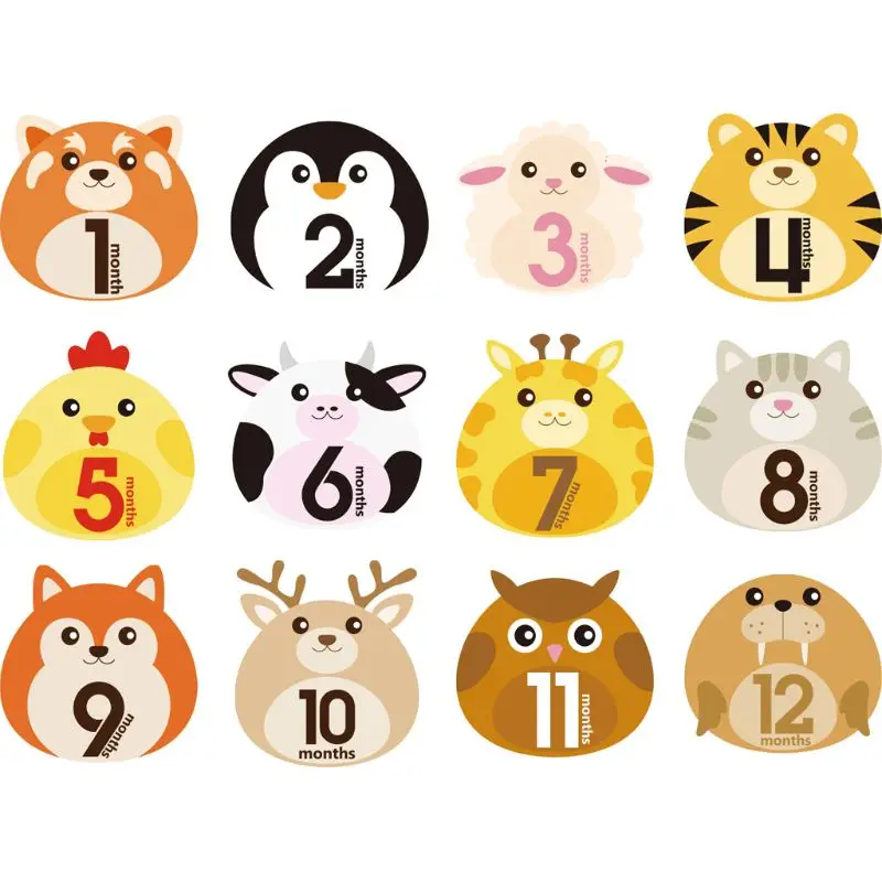 12 Pcs Animal First Year Monthly Milestone Photo Sharing Baby Belly Stickers 1-12 Months #905