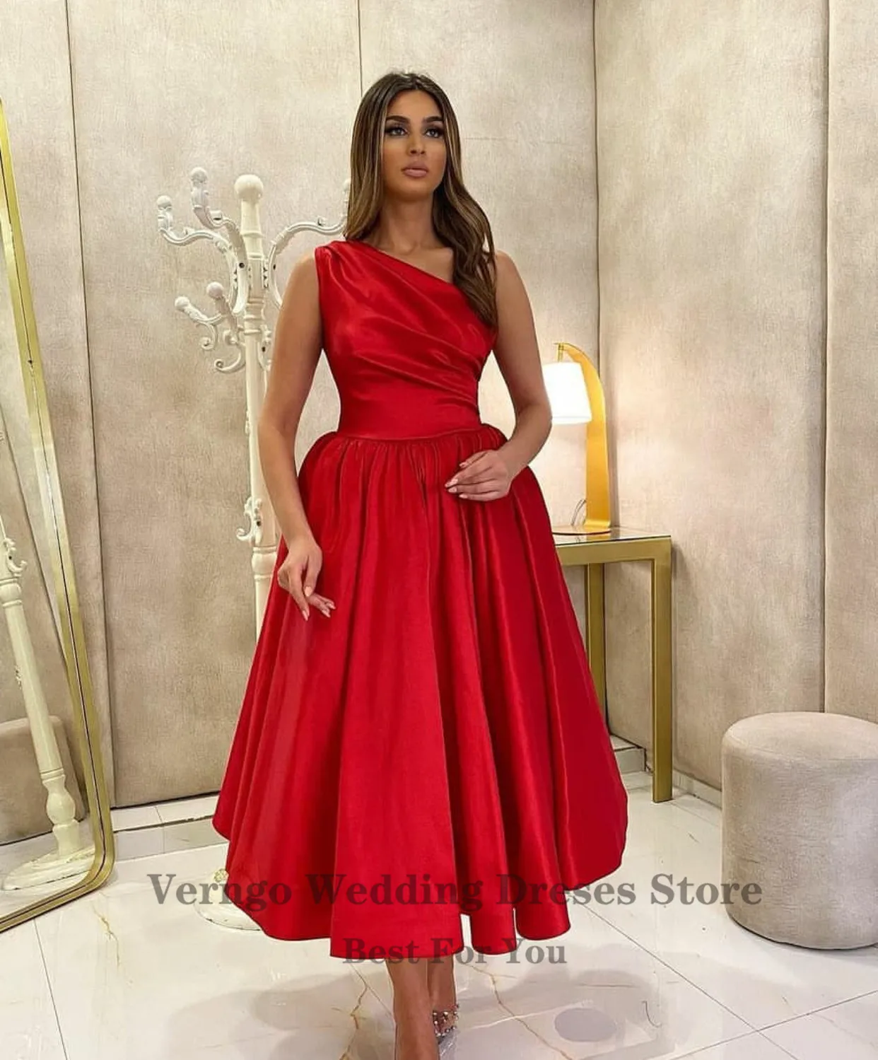 Verngo – robe de soirée en Satin Simple, ligne A, asymétrique épaule dénudée, plissée, longueur thé, robes de bal, arabie saoudite, grande taille, 2021