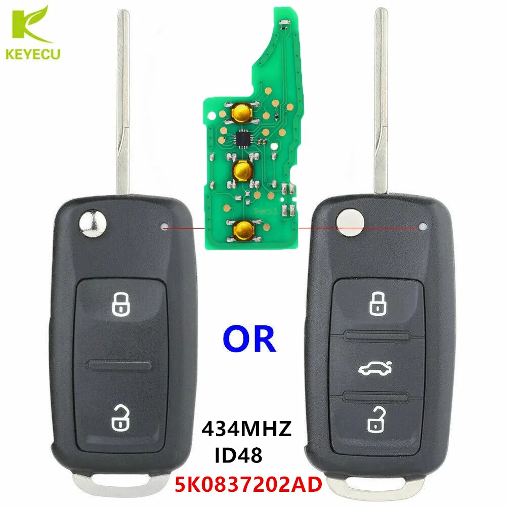 KEYECU Replacement Flip Remote Key fob 5K0 837 202 AD 433MHZ ID48 Chip for Volkswagen Beetle/Caddy/Eos/Golf,for Seat Leon Ibiza