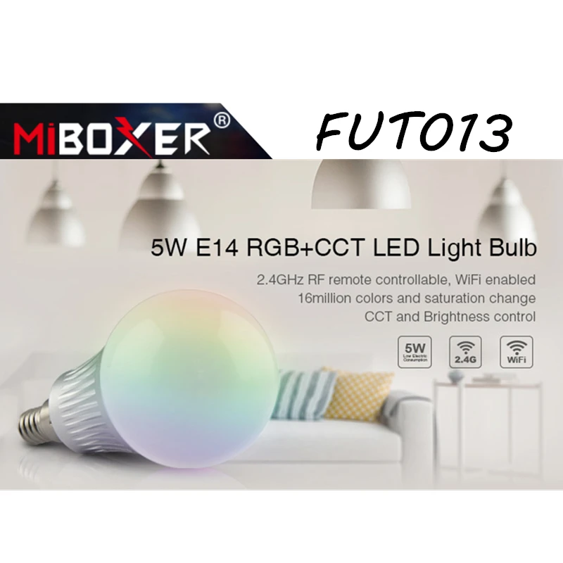 Miboxer FUT013 5W E14 RGB+CCT LED Light Blub AC100~240V 2.4G WiFi remote control Dimmable led lamp Houses, Restaurants,Bars