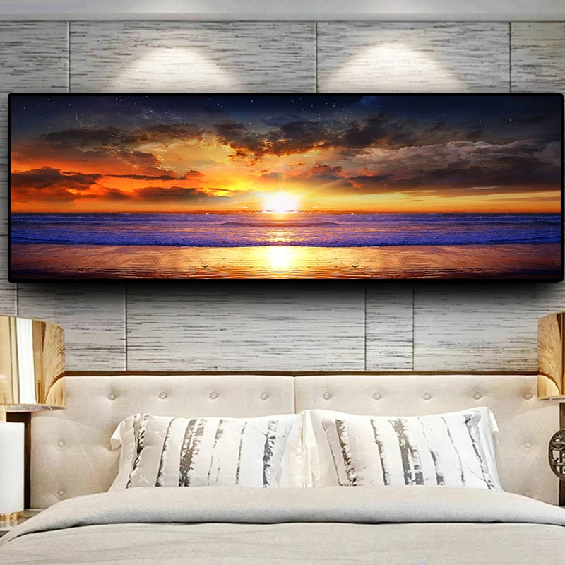 Sunsets Sky Natural Colorf Coast Ocean Sea Landscape Panorama Canvas Painting Posters and Print Wall Art Picture for Living Room