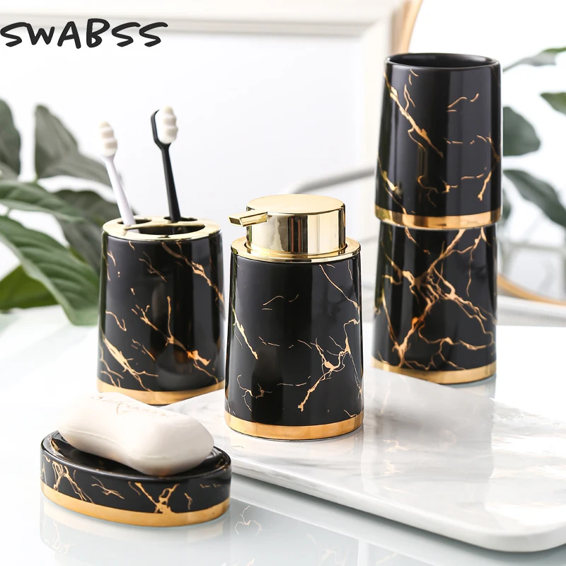 

Light Luxury Bathroom Toiletry Set Ceramics Toothbrush Holder Marbling Mouth Cup Lotion Bottle Soap Dish Bathroom Accessories