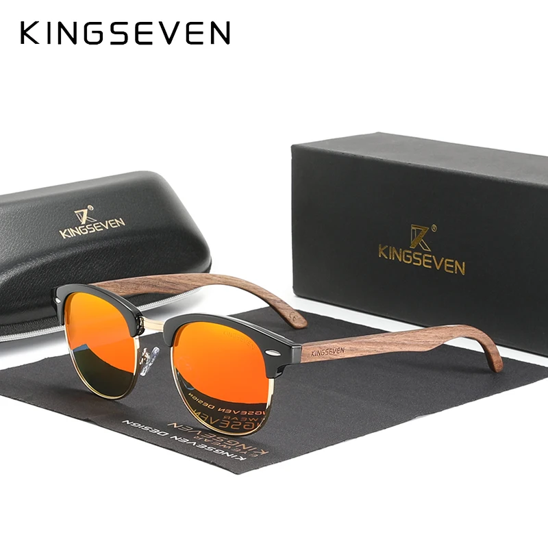 KINGSEVEN Handgefertigte 2024-Sonnenbrille aus schwarzem Walnussholz für Herren, polarisiert, UV400-Schutz, halbrandlos, Retro-Brille, Damen-Oculos