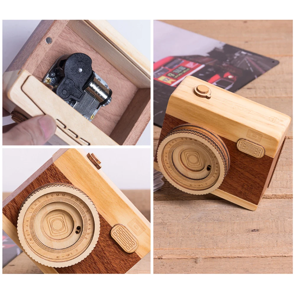 1 pz retrò in legno a forma di macchina fotografica classica melodia orologio carillon regalo musicale vendita calda decorazione della casa piccoli