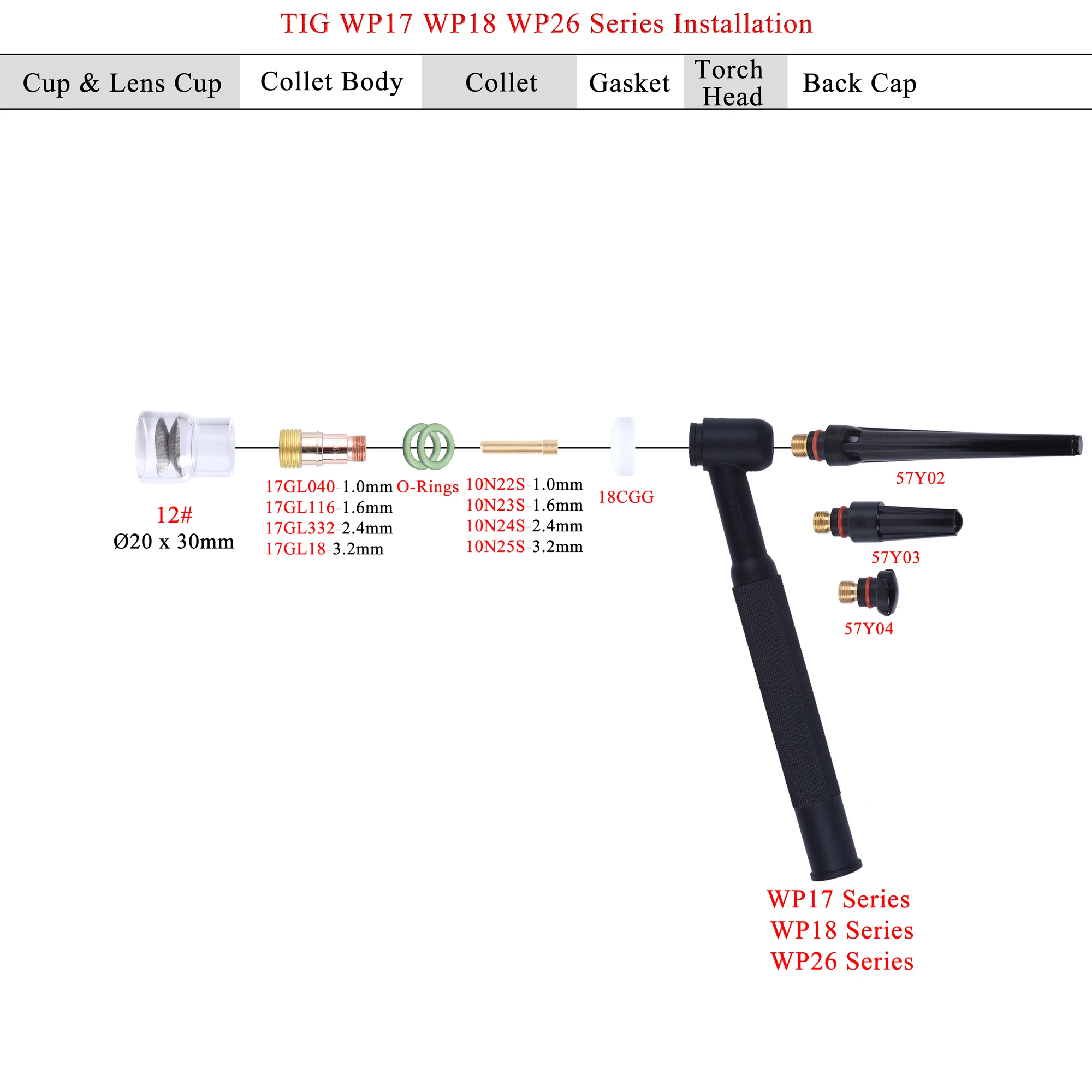 12pcs TIG Welding  #12 High Temperature Glass Cup Kit Torches WP17 18 26 Stubby Collets Body Gas Lens Sets