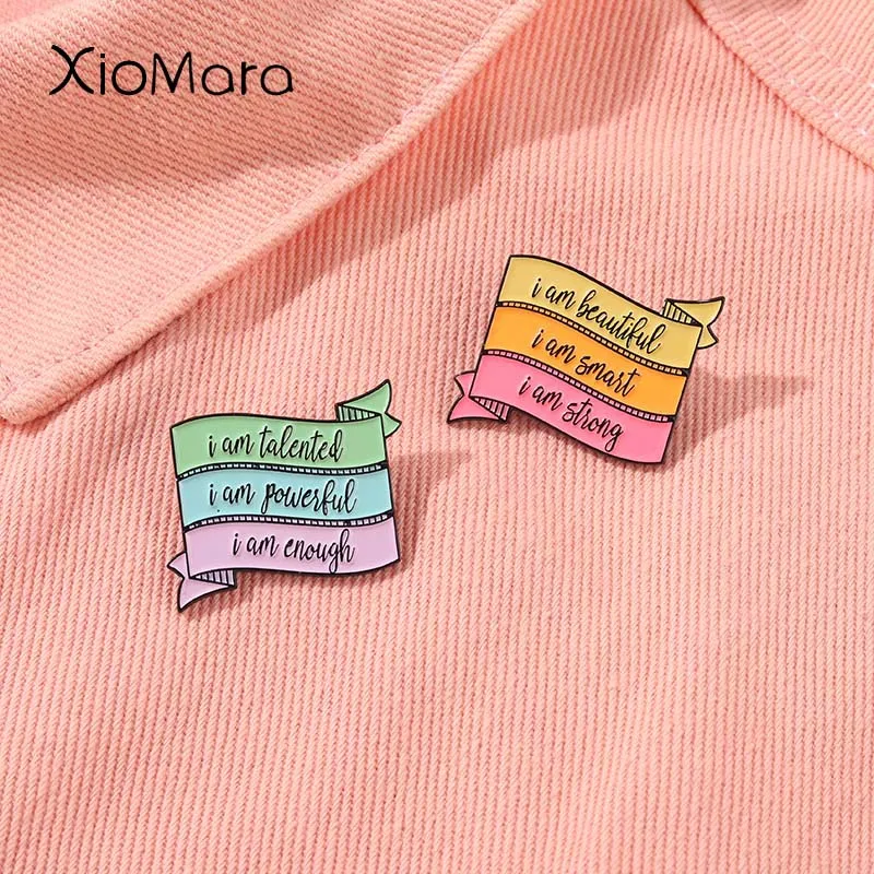 Tricolor Custom Banner Enamel Pins Encourage Person Brooches “I'm Strong ” Badges On Backpack Jewelry Gift For Oneself