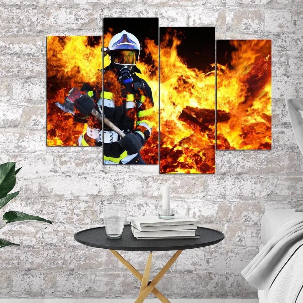 No Framed 4 Pieces Fireman In Fire Firefighter Wall Art Canvas Posters Pictures Paintings Home Decor Living Room Decorations