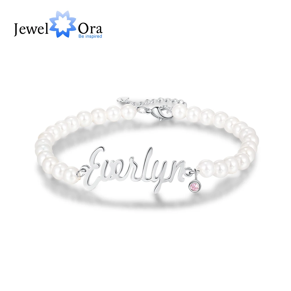 

JewelOra Personalized Nameplate Bracelet with Birthstone Custom Name Pearl Beaded Chain Bracelets Valentines Day Gifts for Wife