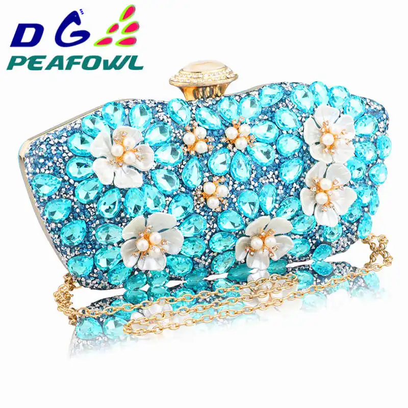 

In Stock New Vintage Women blue Beaded Evening Clutch Bags Ladies Box pearl Clutches Wedding Cocktail Party Handbags Purses