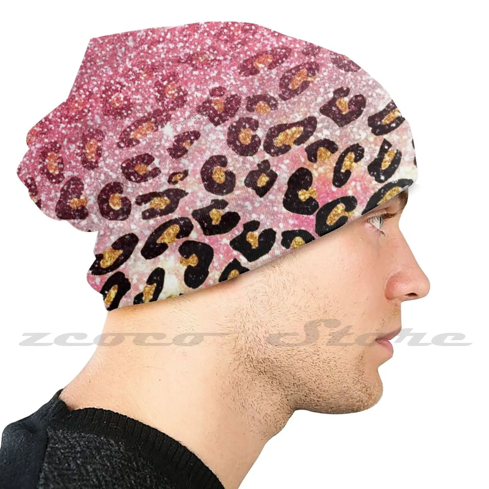 Bubble Gum Pink Faux Glitter Leopard Animal Print Personalized Pattern Knit Hats Plus Size Elastic Soft Cap Cute Girly Trendy