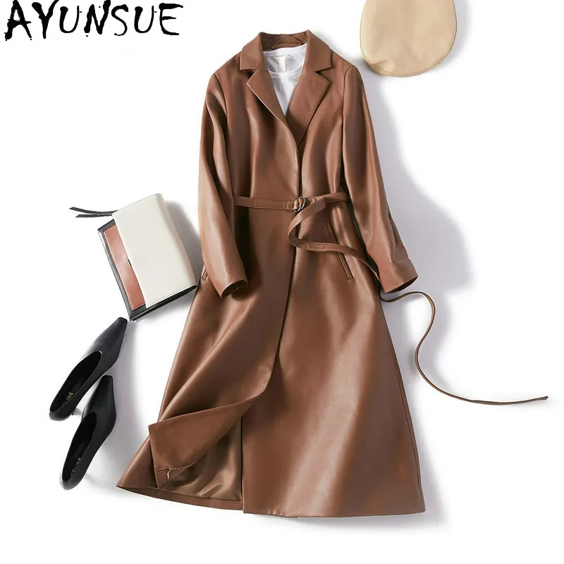 

AYUNAUE Genuine Leather Jacket Women Long 100% Sheepskin Coat Spring Autumn Windbreaker Real Leather Jackets Chaqueta Mujer 9620