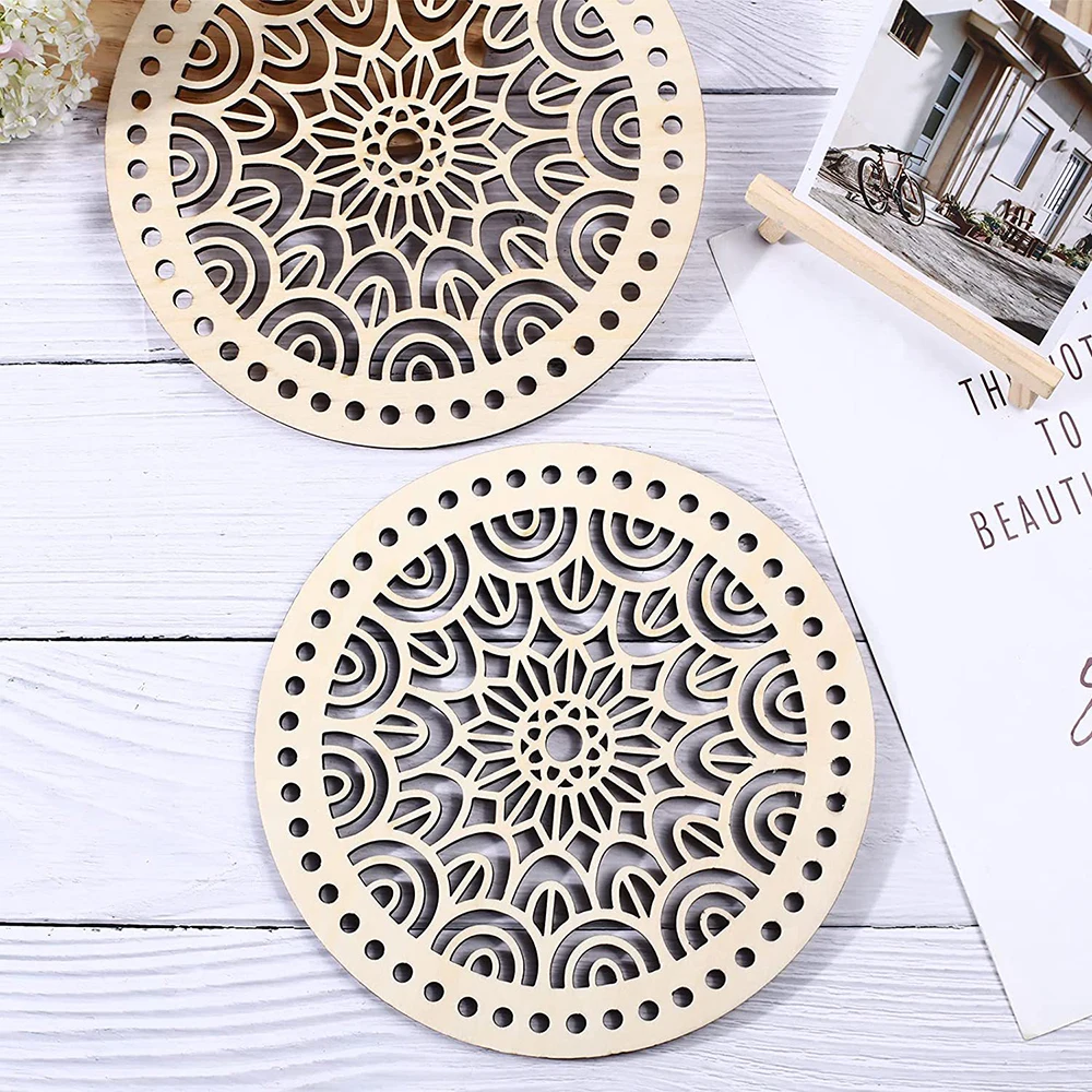 2Pcs 20cm Natural Wooden Basket Bottom Heart Circle Blank Hollow Crochet Basket Wood Base for DIY Knitting Bag Making Weaving