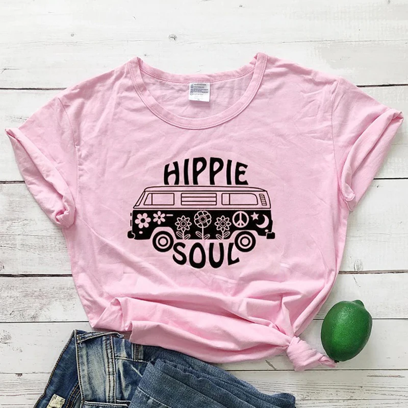 Hippie Soul T-shirt Funny Summer Short Sleeve Hipster Camping Tshirt Women Crewneck Graphic Grunge Cotton Tee Top Drop Shipping