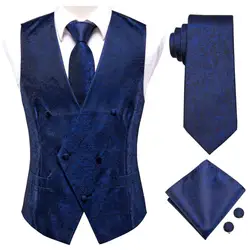 Silk Men's Vests and Tie Business Formal Dresses Slim Vest 4PC Necktie Hanky cufflinks for Suit Blue Paisley Floral Waistcoat