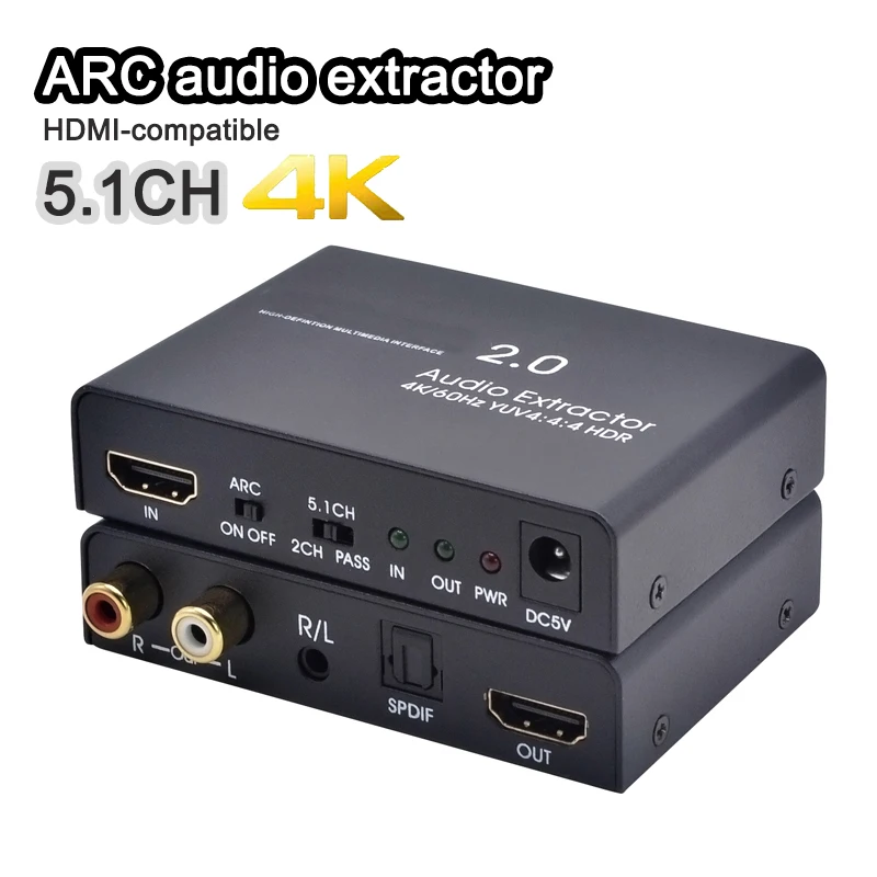 Extractor de audio arc 5,1 compatible con HDMI, divisor de audio 4K/60Hz YUV4:4:4 HDR HD 3,5mm jack óptico TOSLINK SPDIF HDMI2.0