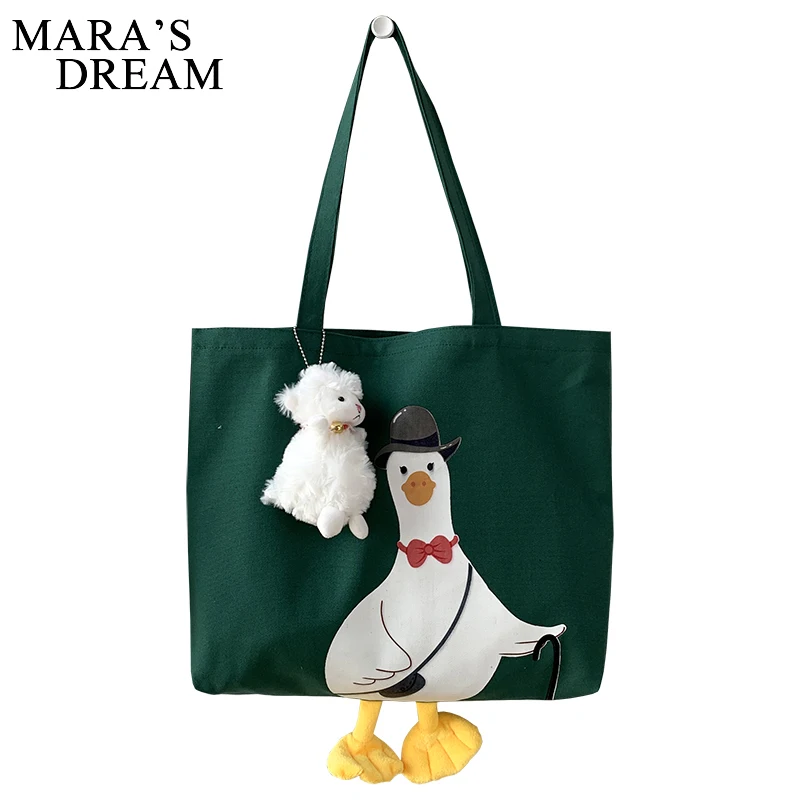 Mara\'s Dream Women Shoulder Shopper Bag Cute Duck Cartoon Print Casual Kawaii Canvas Tote Shopping Bag Cotton Cloth Eco Handbags